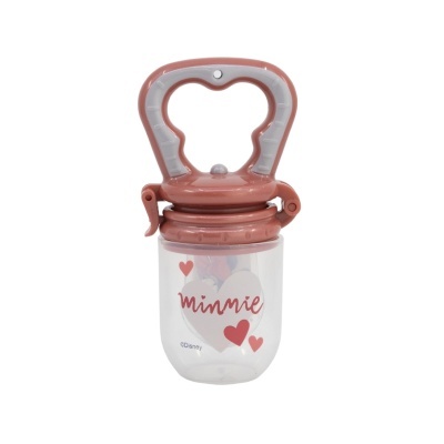 Mordedor para bebé rosa e transparente com texto Minnie e corações vermelho.