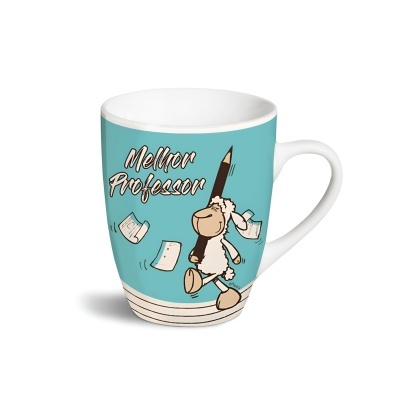 Caneca branca com fundo azul e desenho de ovelha segurando lápis e folhas, texto Mellor Professor