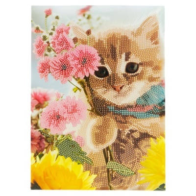 Imagem de quadro decorativo com gatinho e flores com pedras brilhantes
