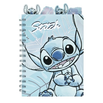Caderno azul claro com personagem Stitch na capa e abas recortadas em forma de cabeça de Stitch