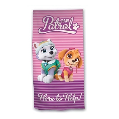 Toalha rosa com personagens Paw Patrol e texto