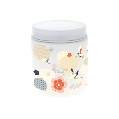 Frasco de vidro fosco com tampa branca e decoração de flores e pássaros coloridos.