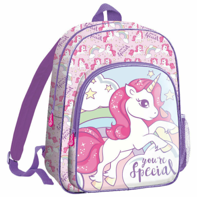 Mochila infantil com padrão de unicórnios e texto 'you're special'
