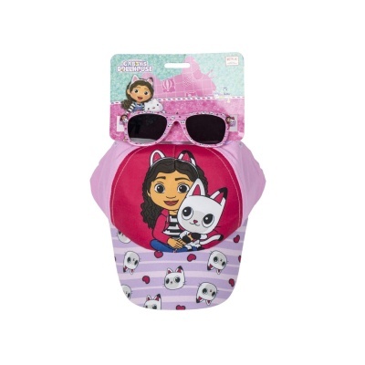Boné infantil rosa e lilás com imagem de criança e gato e óculos de sol cor de rosa