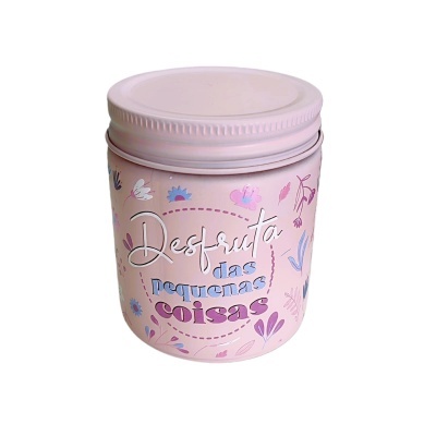 Frasco rosa com tampa e frase decorativa floral