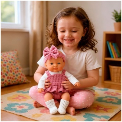 Criança segurando uma boneca de bebé vestida de rosa sentada num tapete colorido.