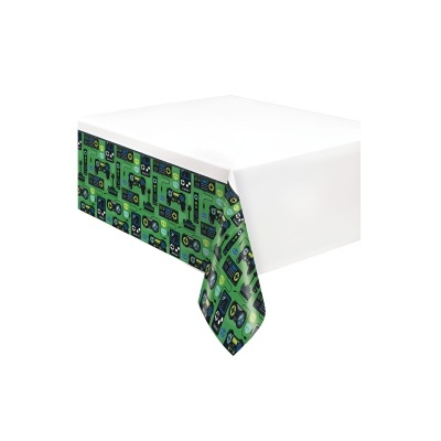 Toalha de mesa branca com laterais estampadas com cassetes de áudio verdes