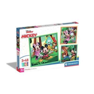 Caixa de puzzle Disney Mickey com três imagens diferentes de Mickey e Minnie, embalagem colorida
