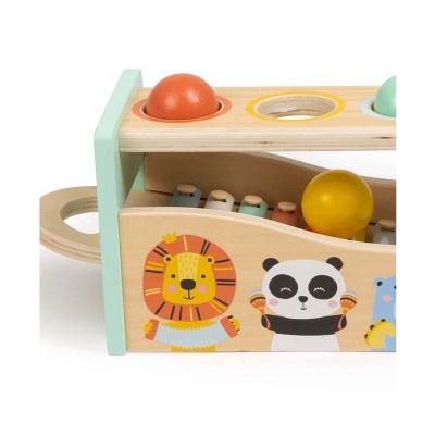 Brinquedo de caixa de madeira com ilustrações de animais e xilofone colorido