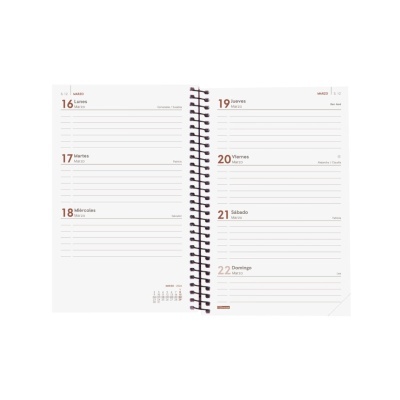 Agenda semanal aberta com texto em português e espiral no meio