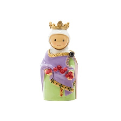 Estatueta colorida de figura feminina com coroa dourada e vestido verde e lilás