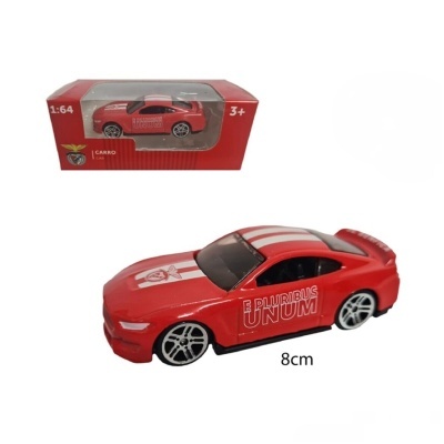 Miniatura de carro desportivo vermelho com riscas brancas e texto na lateral