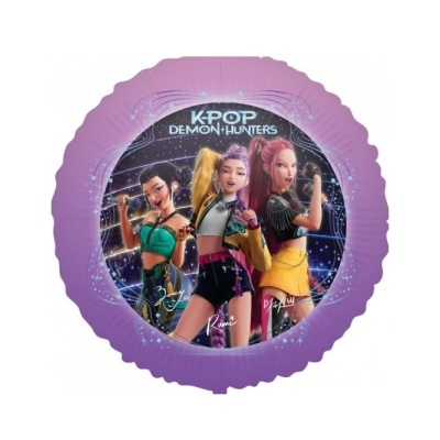 Balão redondo lilás com personagens animadas e texto K-POP DEMON HUNTERS