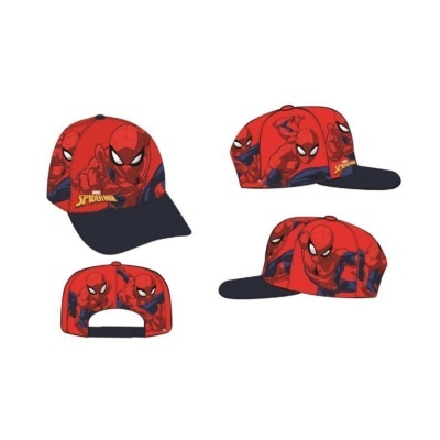 Boné infantil Homem-Aranha vermelho com aba preta e várias imagens do personagem