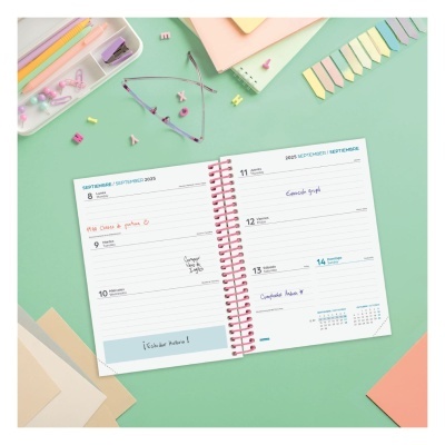 Agenda semanal aberta com escrita, lápis, clips, post-its e óculos em fundo verde