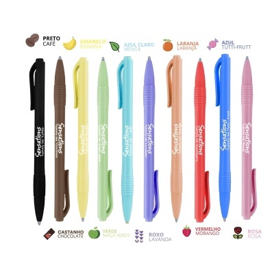 Dez canetas esferográficas coloridas alinhadas horizontalmente com nomes das cores associadas a frutas e sabores.