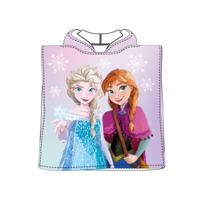 Poncho infantil com personagens animadas Elsa e Anna em fundo lilás e azul claro