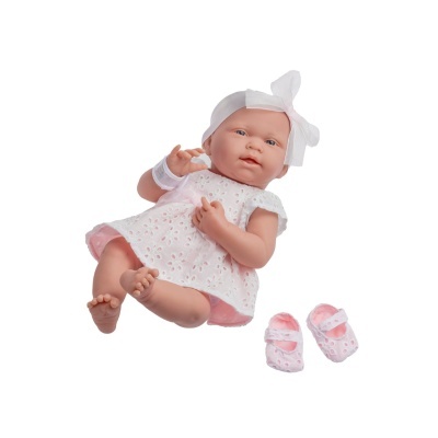 Boneca de bebé com vestido branco de algodão e faixa de cabeça com laço