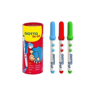 Conjunto de pincéis Giotto be-bè com embalagem vermelha e amarela e pincéis azul, vermelho e verde.