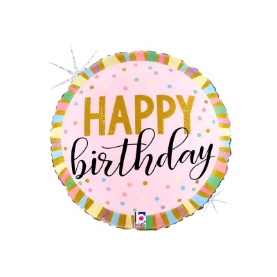 Balão foil redondo 'HAPPY birthday' com confetes e borda listrada colorida