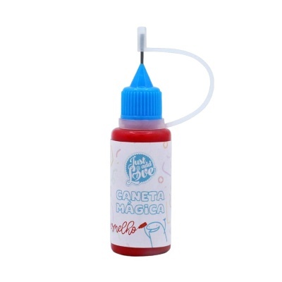 Frasco de plástico vermelho com tampa azul e rótulo branco com texto em azul e vermelho