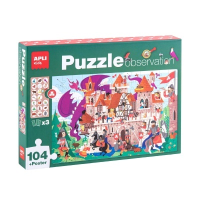 Caixa de quebra-cabeças APLI kids com imagem de castelo medieval e dragão roxo.