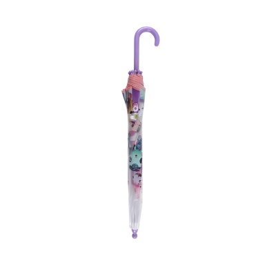 Guarda-chuva infantil transparente com cabo roxo e desenhos coloridos