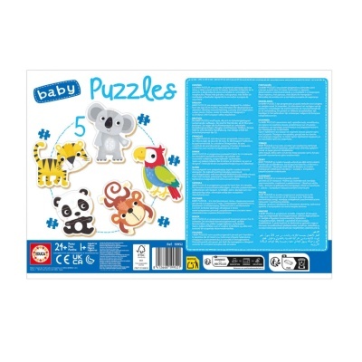 Conjunto de cinco puzzles de madeira para bebés com animais coloridos em embalagem branca e azul.