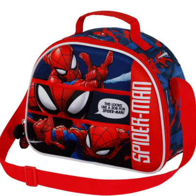 Mala infantil azul e vermelha com estampa do Homem-Aranha e texto SPIDER-MAN