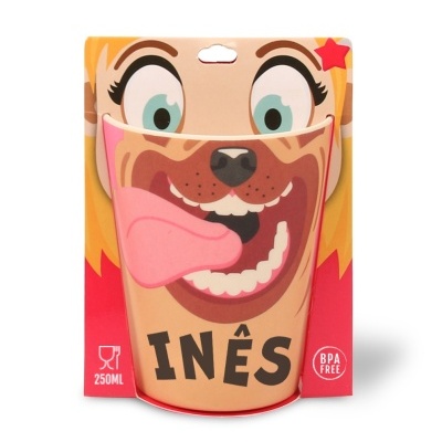 Copo infantil com rosto colorido de cão e nome INÊS