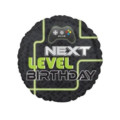 Balão redondo preto com texto 'NEXT LEVEL BIRTHDAY' e comando de videojogo