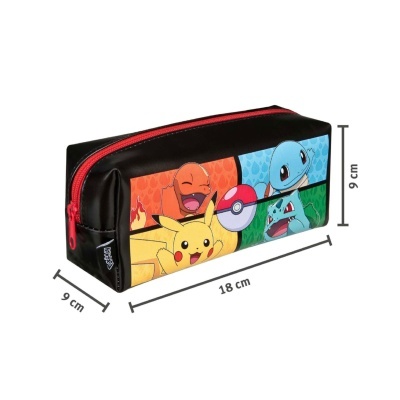 Estojo escolar preto com fecho vermelho e personagens Pokémon coloridos