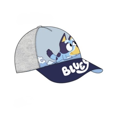 Boné azul com ilustração do cão Bluey e texto BLUEY