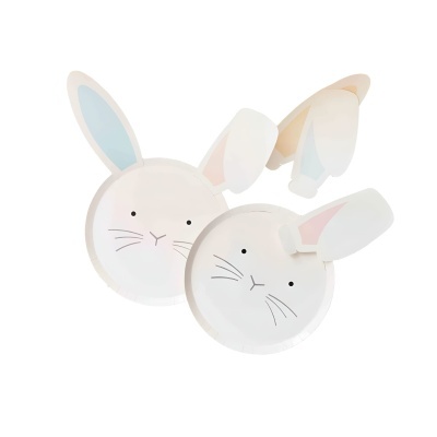 Pratos de papel em forma de rosto de coelho com orelhas destacáveis