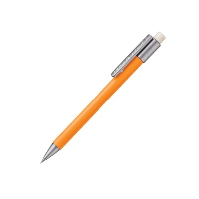 Lápis mecânico laranja com clip prateado e borracha branca