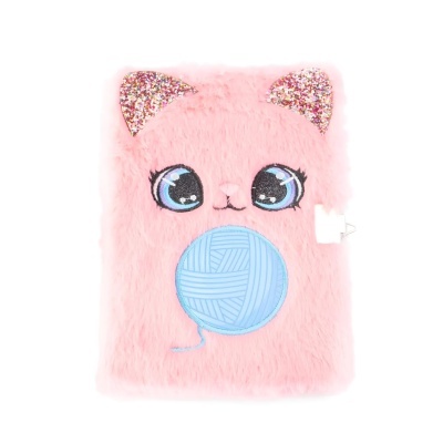 Caderno com capa felpuda rosa e design de gato com orelhas lantejouladas.