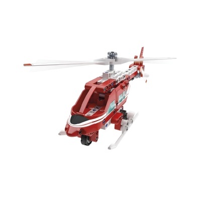 Modelo de helicóptero de brinquedo de plástico vermelho e branco sobre fundo branco