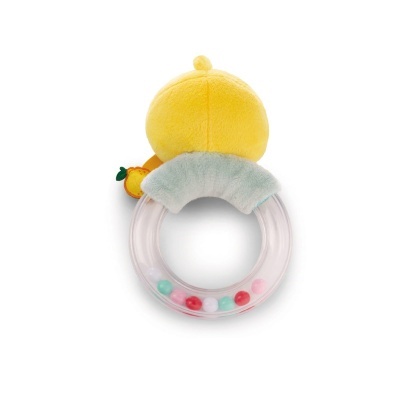 Chocalho de bebé amarelo com círculo transparente e bolas coloridas