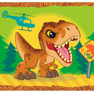 Ilustração de dinossauro T-Rex castanho com helicóptero e placa T.REX ZONE