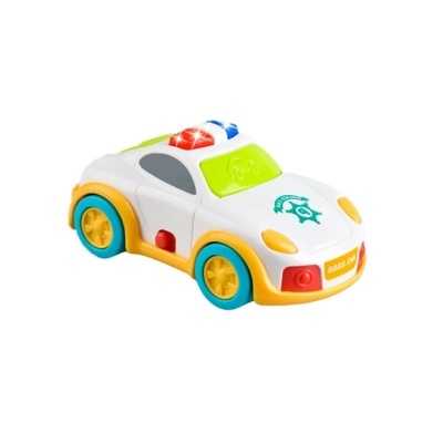 Carro de brinquedo de plástico branco e amarelo com luzes vermelhas e azuis no teto