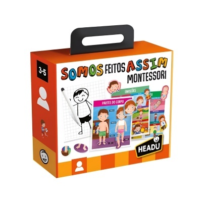 Caixa de brinquedo Montessori SOMOS FEITOS ASSIM com ilustrações de crianças e partes do corpo