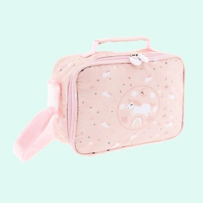 Bolsa rosa com desenhos de unicórnios e alças ajustáveis