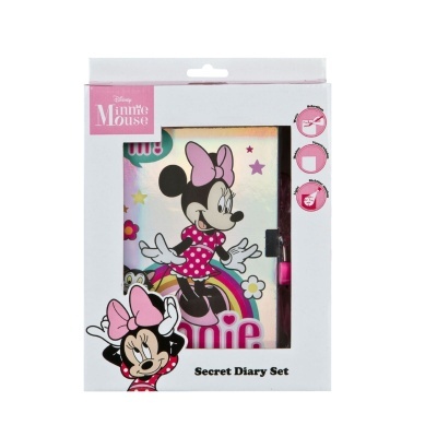 Conjunto diário secreto Disney Minnie Mouse com capa colorida e caneta rosa na embalagem