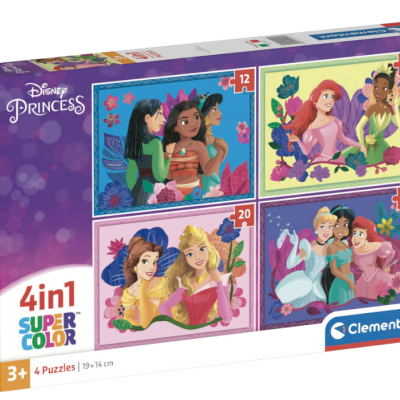 Caixa de puzzles Disney Princesas 4 em 1 da Clementoni com quatro imagens coloridas de princesas.