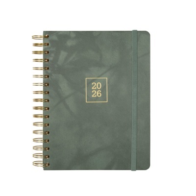Planner verde 2026 com argolas douradas e fecho elástico.