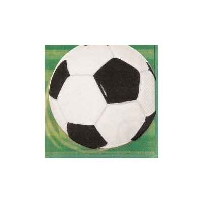 Guardanapo de papel com bola de futebol preta e branca sobre fundo verde