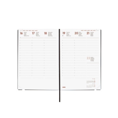 Agenda aberta mostrando páginas com datas de 16 a 22, dias da semana em português e espaço para anotações horárias.