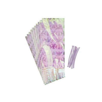 Pacote de sacos plásticos transparentes com padrão lilás e branco e tiras lilases
