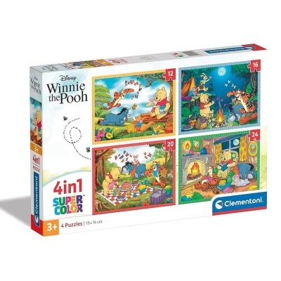 Caixa de puzzles Winnie the Pooh com 4 puzzles coloridos, 12 a 24 peças, 3+ anos.