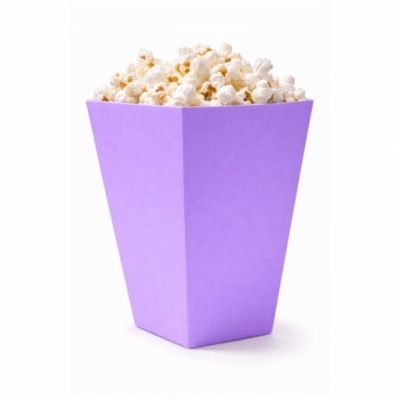 Balde lilás de cartão cheio de pipocas brancas
